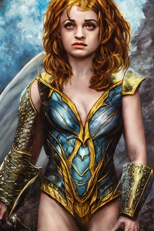 Image similar to A fantasy comic book style, composite portrait painting of Joey King, Cory Chase as an Atlantean, Reptilian Warrior, Mystical Valkyrie, Armor, Sword, Spear, Sheild, François Boucher, Oil Painting, unreal 5, DAZ, hyper realistic, Photorealistic, octane render, Regal, Refined, Coherent, Detailed Digital Art, RPG portrait, William-Adolphe Bouguereau, Michael Cheval, Walt Disney (1937), Steampunk, golden dappled lighting, dynamic lighting, Highly Detailed, Cinematic Lighting, Unreal Engine, 8k, HD