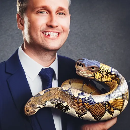 Prompt: A man with the head of a python in a business suit