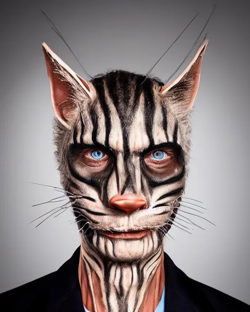 Image similar to Mauricio Macri in Elaborate Cat Man Makeup and prosthetics designed by Rick Baker, Hyperreal, Head Shots Photographed in the Style of Annie Leibovitz, Studio Lighting