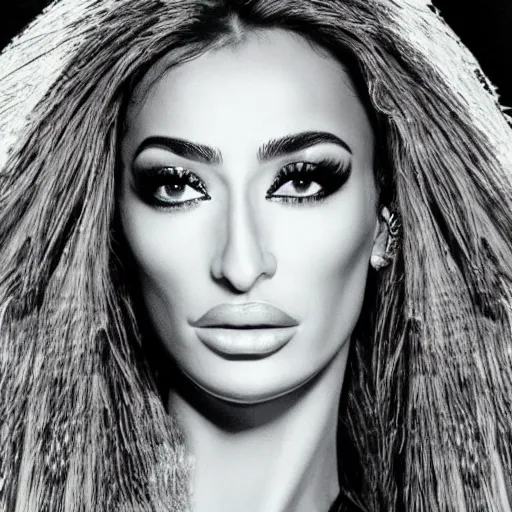 Image similar to an ultra detailed hyperrealistic portrait of Eleni Foureira with an extrene detailed face and eyes at the Eruovision Song Contest singing