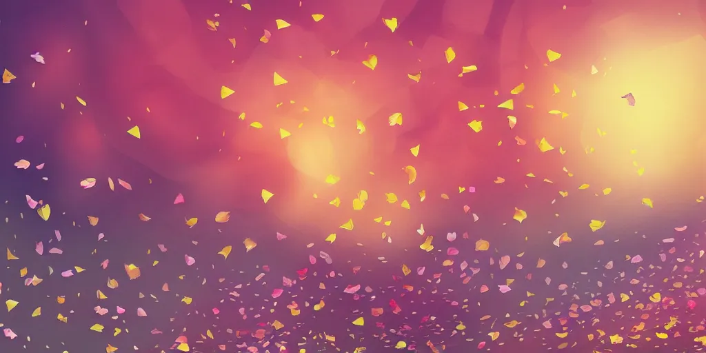 Image similar to background art of spaciously scattered flower petals flowing and flowing through the air from left to right on a simple sunset background, large individual rose petals, large triangles, polygonal fragments, anime, artgerm, manga, trending on artstation, art nouveau, mature color scheme