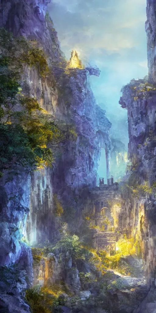 Prompt: Gorge in the mountain, white stone temple ruins, night dramatic lighting, blue, yellow and purple tones, wide camera angle, matte painting, trending on ArtStation, concept art, delightful surroundings, high detail, sharp contrast, picturesque, 4K, 8K, super graphically realistic detailed, high definition, HDR