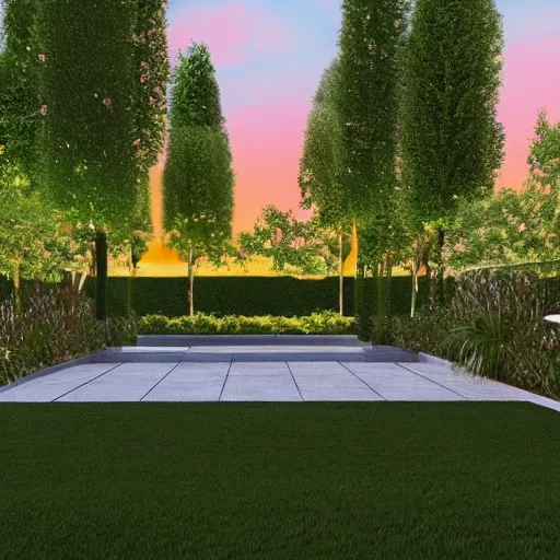 Prompt: a beautiful garden, modern minimal design, white color scheme, vivid lighting, sunset, photorealist, 4 k