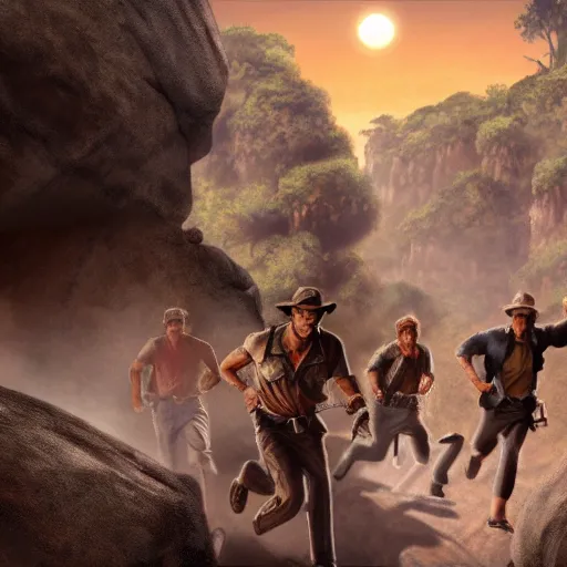 Image similar to Indiana Jones being chased by a boulder trap underground, boulder chase, inside ancient stone temple background, Indiana Jones running away from big round stone, raiders of the lost ark, detailed background, anime key visual