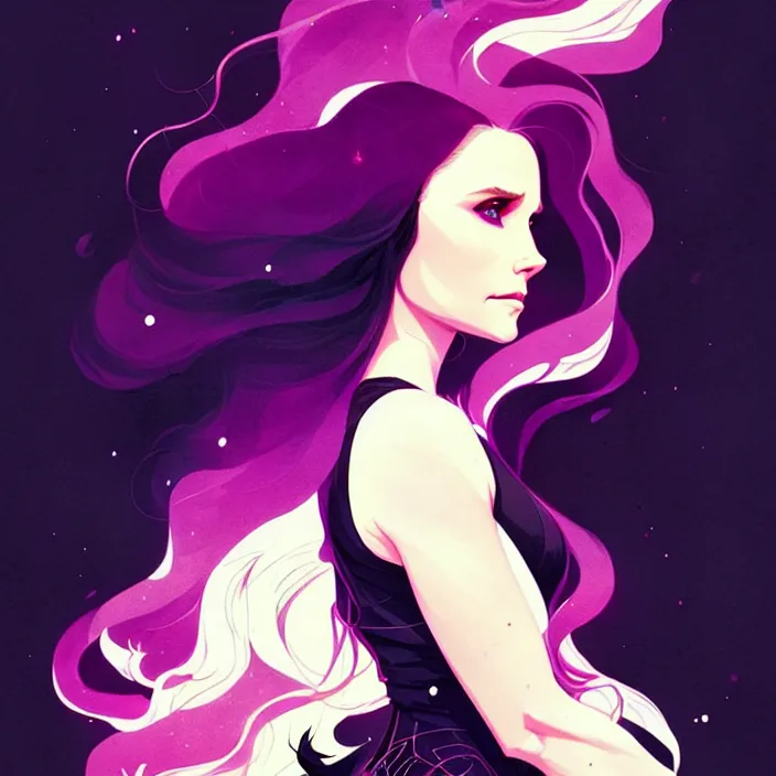 Prompt: style artgerm, joshua middleton, conrad roset, beautiful kristen bell with black dress, very long white hair, symmetrical face, symmetrical eyes, purple fire powers fire swirling, detailed, forest setting, cinematic lighting