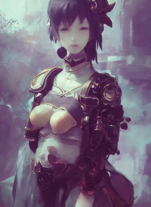 Image similar to matte painting, by yoshitaka amano, by ruan jia, by conrad roset, by good smile company, detailed anime 3d render of a female jester android, portrait, cgsociety, artstation, quirky mechanical costume and grand headpiece, surreal mystical atmosphere