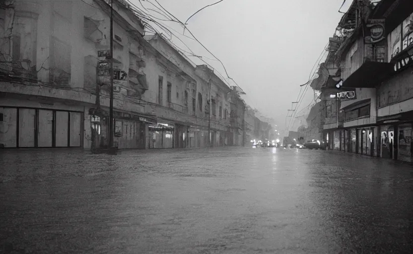 Image similar to 70s movie still of a soviet street from Sarajevo with cars and pedestrian , Cinestill 800t 18mm beuatiful black and white, heavy grainy picture, very detailed, high quality, 4k panoramic, cinematic, neon billboards and streetlight at night, rain, mud, foggy, cloudy