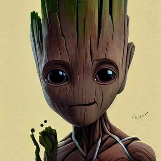 Image similar to Beautiful baby Groot by Greg Rutkowski, asymmetrical, Organic Painting , Matte Painting, geometric shapes, hard edges, street art, trending on the artstation, realistic:2 by Sachin Teng:4