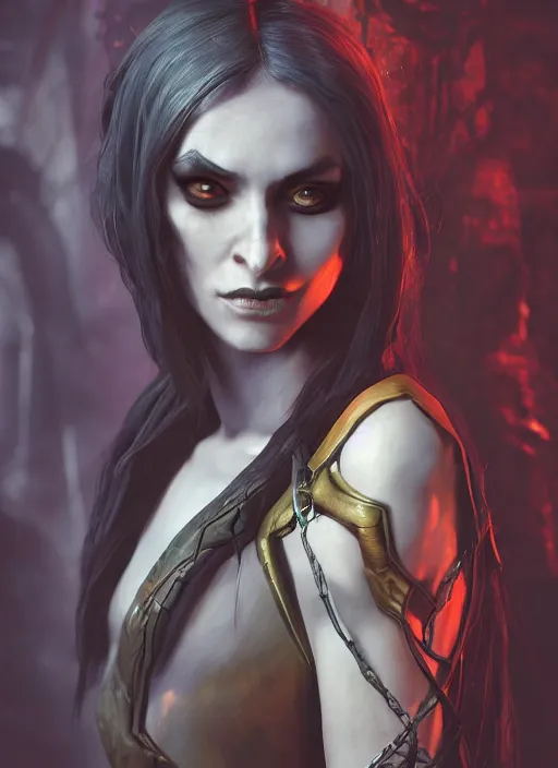 Image similar to A fantasy comic book style portrait painting of a vampiric female elf Sorcerer in a atmospheric dark fortress, unreal 5, DAZ, hyperrealistic, octane render, RPG portrait, ambient light, dynamic lighting