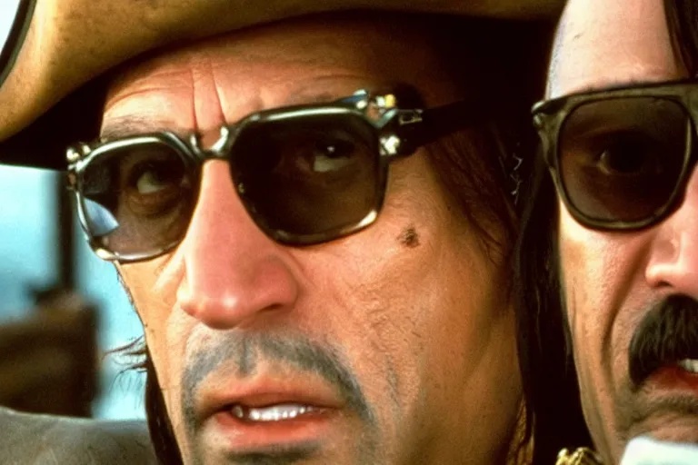 Prompt: captain sparrow and anton chigurh in fear and loathing in las vegas movie, all faces are contorted, shock, repulsion, disgust, annoyance, cinematic still, movie still, long lens, shallow depth of field, bokeh, anamorphic lens flare, 8 k