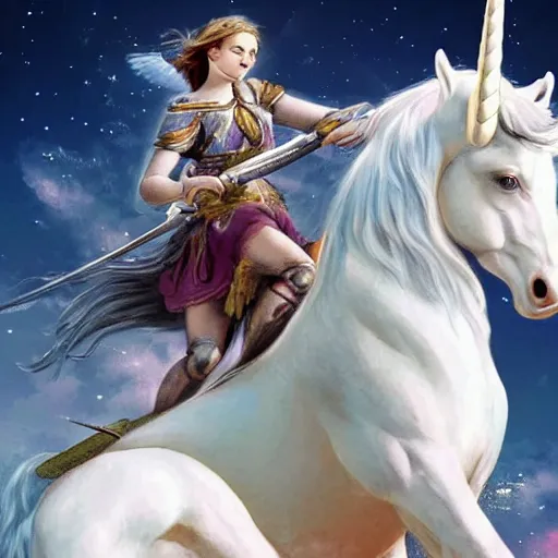 Prompt: photo of a beautiful angel warrior riding a unicorn into battle
