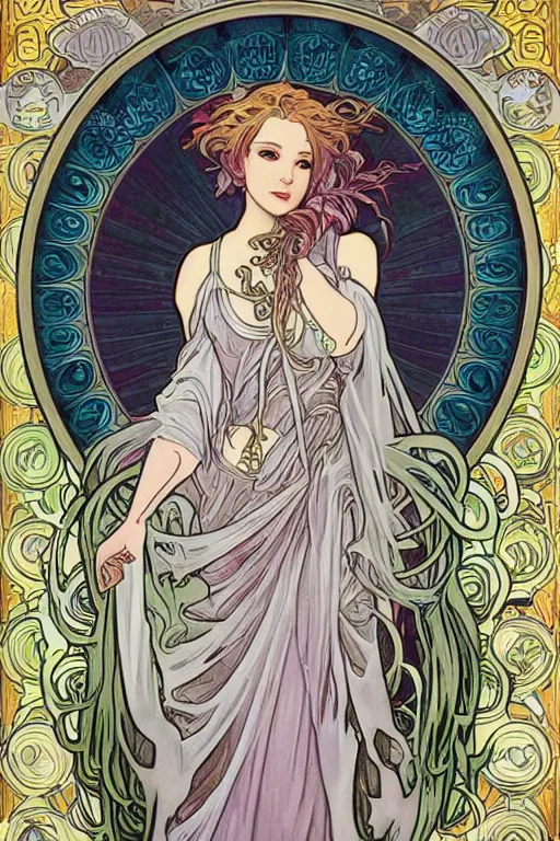 Image similar to Female angelic Fae in the style of Ayami Kojima and Alphonse Mucha