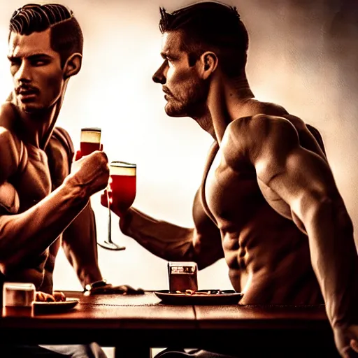 Image similar to cinematic scene with attractive male and another attractive muscular male, drinking their hearts out, in the pub, very detailed, volumetric lighting, still frame