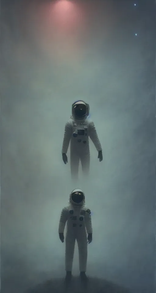 Prompt: Painting in a style of Beksinski featuring an astronaut, dramatic lighting, full face, very detailed, 8k, fog, portrait, movie scene, creepy