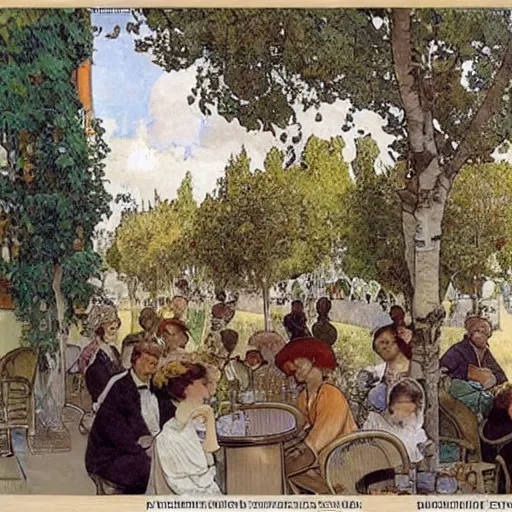 Prompt: people sit outside a a parisian cafe. a silver birch tree is in the foreground an it is a sunny afternoon, painted by mucha