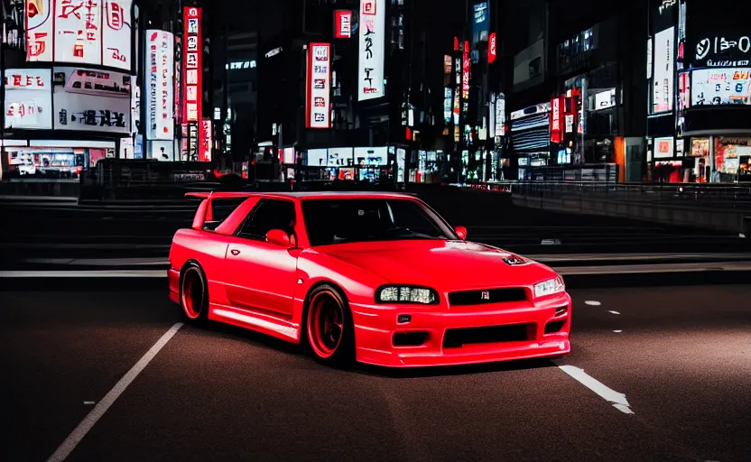 Image similar to wideshot of a Nissan Skyline R34 GTR in tokyo at night, highly detailed, 4k photo, shot with sony alpha