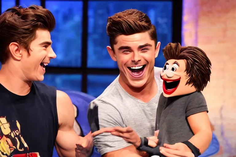 Image similar to studio lit zac efron laughing maniacally while holding a ventriloquist puppet of a fearful tom holland