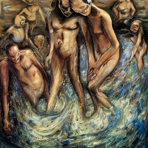 Prompt: a painting of a group of people in the water, a surrealist painting by william dobell, deviantart, neo - expressionism, apocalypse art, surrealist, grotesque, behance contest winner, analytical art, academic art, oil on canvas