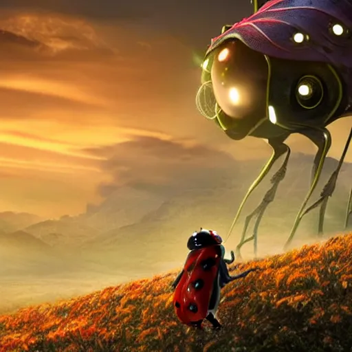 Image similar to promotional movie still, ladybug futuristic ( ( descendants ) ), ladybug quadruped with big rgb eyes, huge ladybug mothership, space western, dramatic lighting, the fellowship of the ring ( film ) genre.