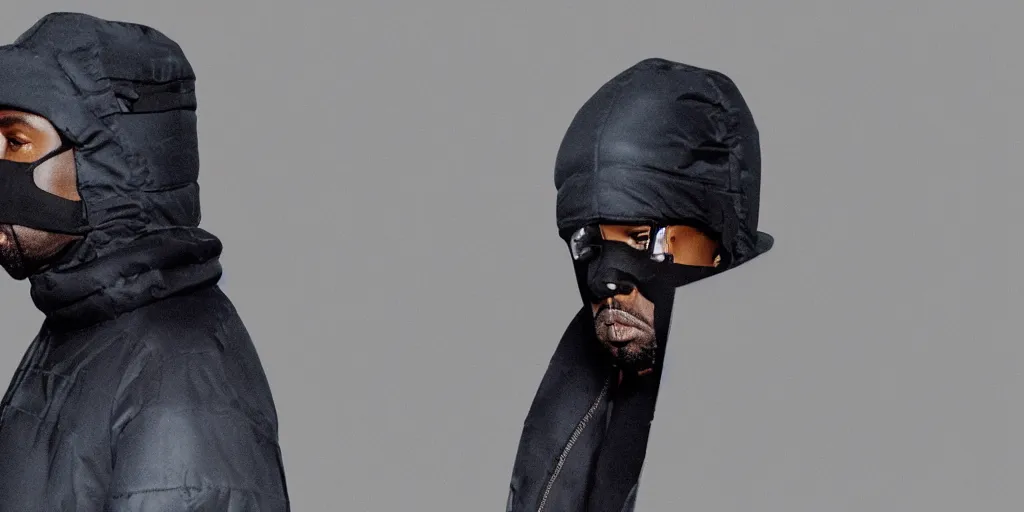 Image similar to kanye west using a full face covering black mask, a small, tight, undersized reflective bright blue round puffer jacket made of nylon, reflective jeans pants made of nylon and big black balenciaga rubber boots in 3 d, blender, octane render, 3 d render, realistic, unreal engine, trending on sketchfab, studio light, 4 k, 8 k