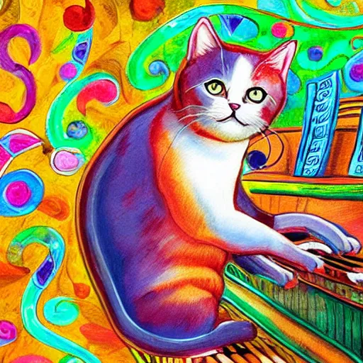 Image similar to british shorthair cat playing the piano, surrounded by musical notes, colorful detailed painting in the style of josephine wall 4 k