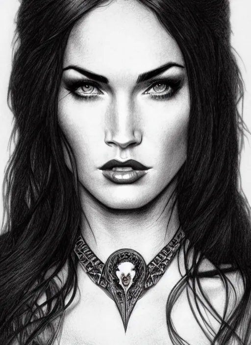 Prompt: a pencil drawing portrait of megan fox as a vampire lord, in a dress, jewelry, greek, intricate, headshot, highly detailed, drawn with pencil, black and white, artstation, concept art, sharp focus, cinematic lighting, illustration, art by artgerm and greg rutkowski, alphonse mucha, cgsociety