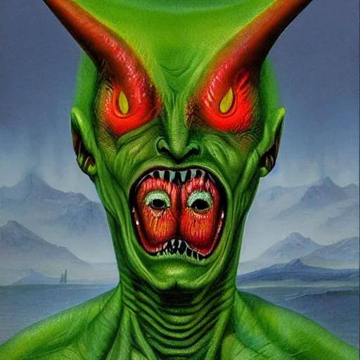 Prompt: realistic alien, medium shot portrait, devil horns,,!!!!! human eyes!!!!!!, green body. red eyes, background flames, by wayne barlowe