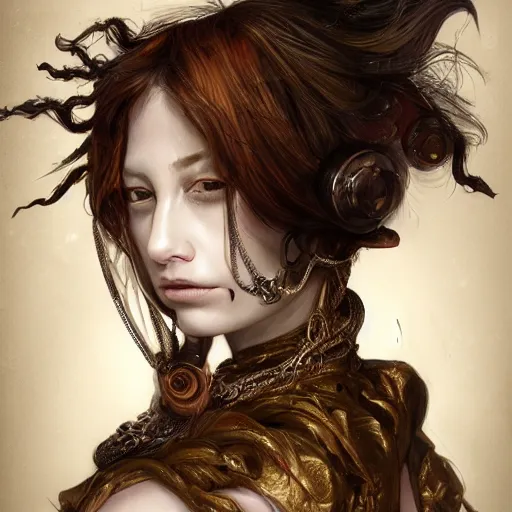 Image similar to portrait of a Shibari rope wrapped face and neck, headshot, insanely nice professional hair style, dramatic hair color, digital painting, of a old 13th century, cyborg traveler, amber jewels, baroque, ornate clothing, scifi, realistic, hyperdetailed, chiaroscuro, concept art, art by Franz Hals and Jon Foster and Ayami Kojima and Amano and Karol Bak,