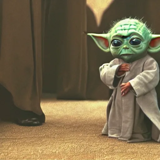 Prompt: a film still of baby yoda's son at his funeral wearing a suit in star wars realistic, detailed