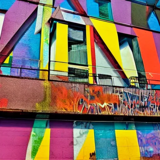 Prompt: bauhaus architecture urban graffiti colourful photography