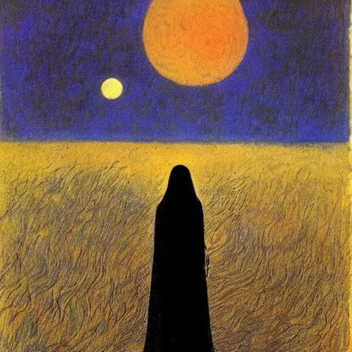 Prompt: death hiding behind the false moon, by Odilon Redon, by Edward Gorey, oil on canvas, beautiful, eerie, surreal, colorful