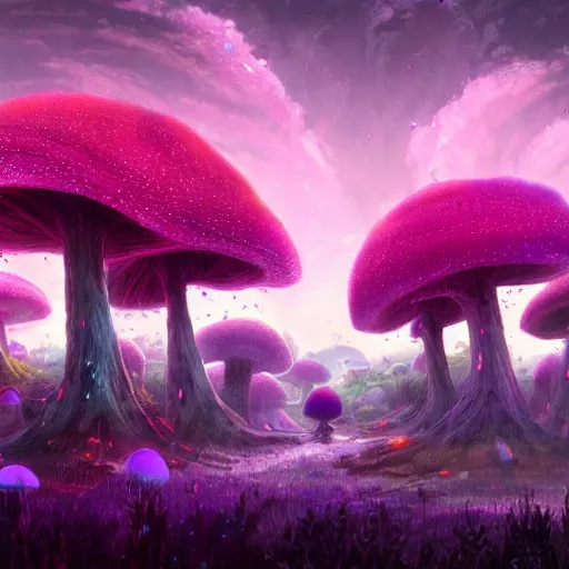 Image similar to concept art painting of a fantasy alien fungal landscape at night, magenta trees, glowing blue mushrooms, village of houses made of mushrooms, dark purple sky, realistic, detailed, cel shaded, in the style of makoto shinkai and greg rutkowski and albert bierstadt and james gurney