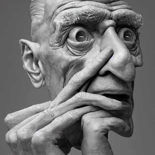 Prompt: photography of a cubistic sculpture of Samuel Beckett by Picasso and Georges Braque, 50mm, studio atmosphere, 8K, rim light, octane render, ultra-realistic