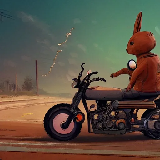 Image similar to bunny wearing a leather jacket riding a motorbike by simon - stalenhag!!!, ultra detailed, 8 k resolution, rule of thirds, dynamic pose, action pose, beautiful landscape