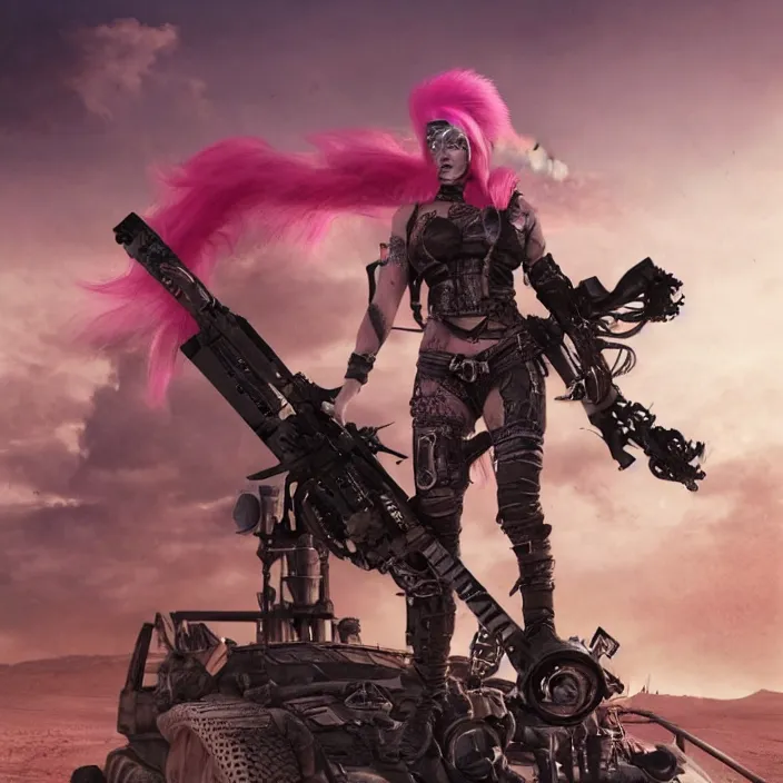 Prompt: beautiful apocalyptic woman with pink Mohawk, standing on mad max panzer tank, 4k ultra hd, fantasy dark art, tank girl, artstation, octane render