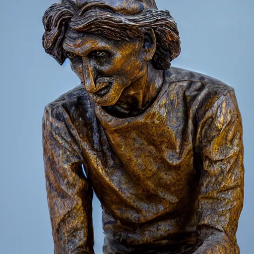Image similar to high resolution photograph of a bronze cast sculpture of a sad peasant in a roundabout in the style of giacometti