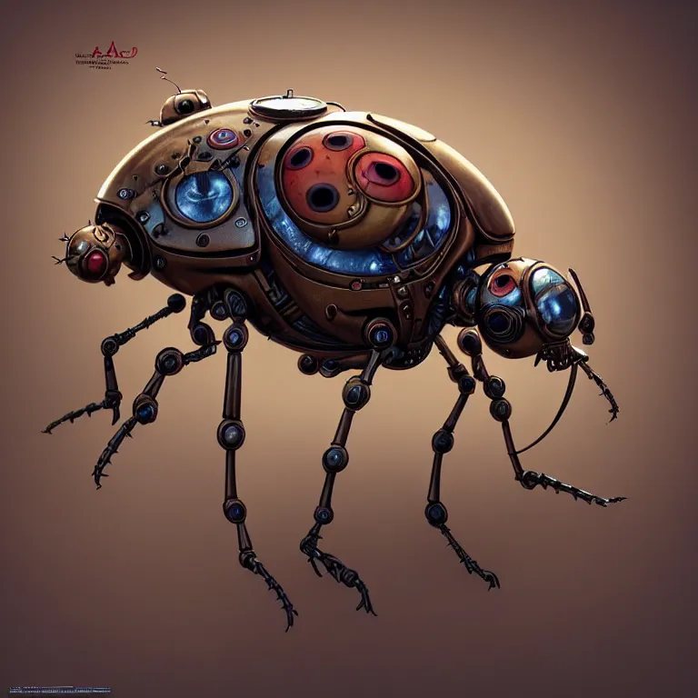 Image similar to steampunk robot ladybug, 3 d model, unreal engine realistic render, 8 k, micro detail, intricate, elegant, highly detailed, centered, digital painting, artstation, smooth, sharp focus, illustration, artgerm, tomasz alen kopera, peter mohrbacher, donato giancola, joseph christian leyendecker, wlop, boris vallejo