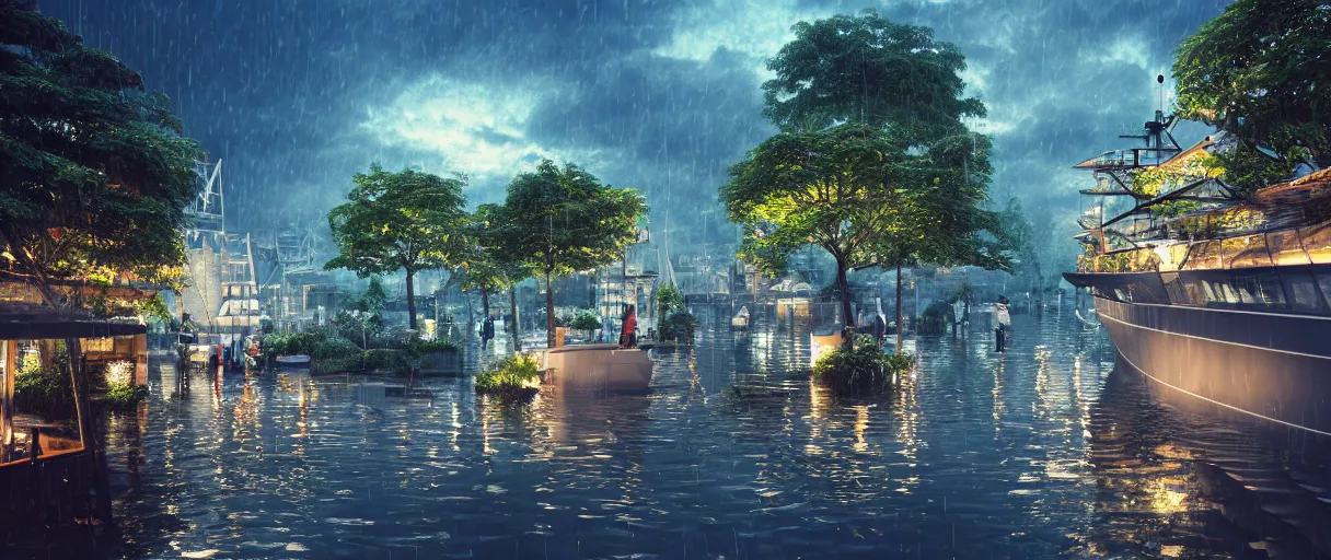 Prompt: cruising ship sailing at raining night at flooded miniature city, sun is on the rise on the town, cute style garden, octane render, trees, evergreen, patio, garden, wet atmosphere, tender, soft light misty yoshitaka amano, and artgerm