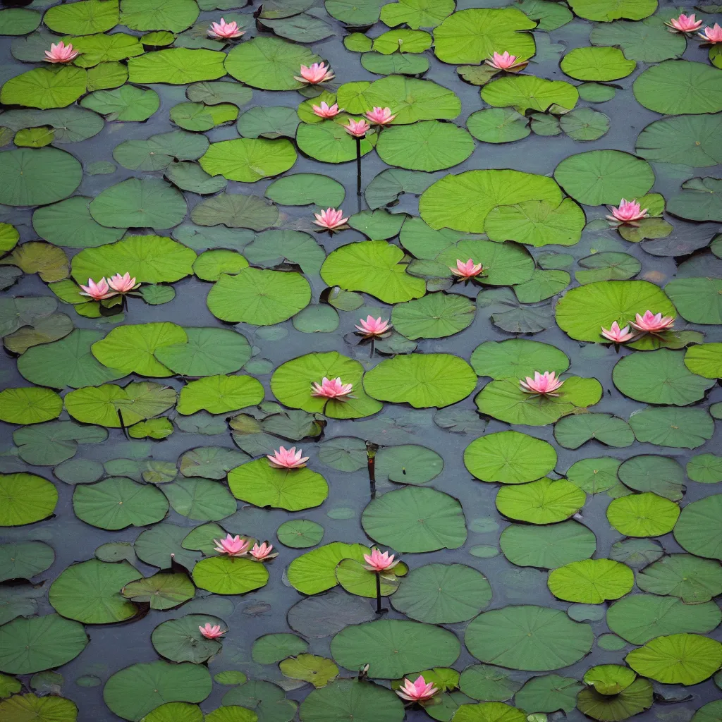 Prompt: a pond with lotus flowers and leaves through frosted glass with raindrops bears the words summer tales, photorealistic