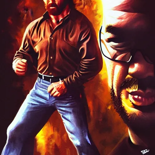 Image similar to Chuck Norris fights Steven Seagal, digital art, 4k, artstation, cgsociety, award-winning, masterpiece, stunning, beautiful, glorious, powerful