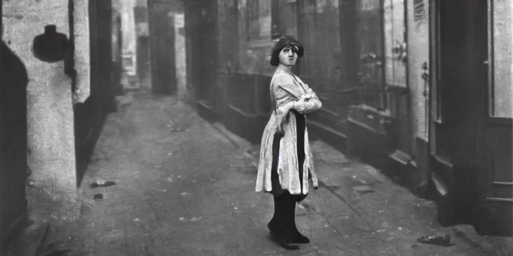 Prompt: a young woman with freckles looks deeply into the camera, 1920's london street, art nouveau, dark streets, grungy, style of Joel Meyerowitz, gustav klimpt, painterly