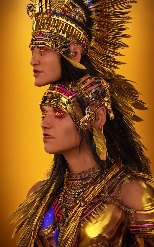 Prompt: native aztec neondmt warrior princess goddess with a golden headdress, piercing glowing eyes, aztec dmt gilded gold foil tattoos, uncropped photo, 4 k cinematic hyperdetailed photorender realityengine ultrahd fantasy concept art