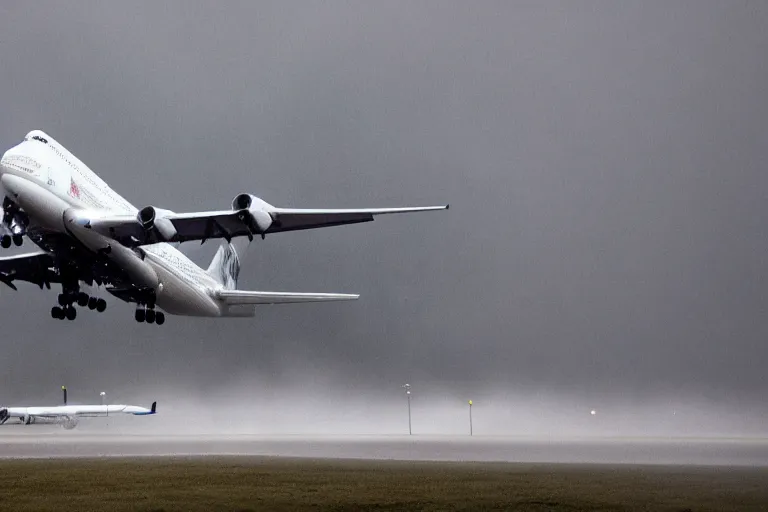 Image similar to a boeing 7 4 7 landing on a runway in heavy rain and wind, photo from a spectator, 8 k, natural lighting