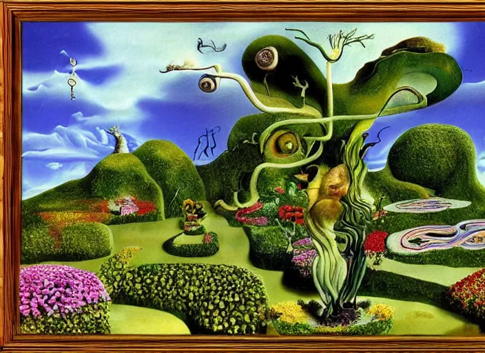 Image similar to surreal garden by dali, surreal plants by dali, surreal sky by dali, hypresurreal