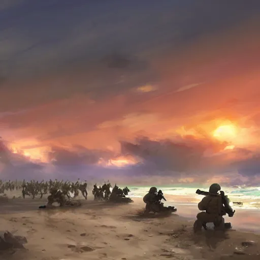 Image similar to soldiers storming the beaches of normandy on d - day, highly detailed, digital painting, concept art, sharp focus, by makoto shinkai