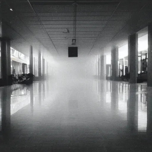 Image similar to Beautiful cameraphone 2000s, soft liminal Photograph of foggy mall with water on the floor plants growing