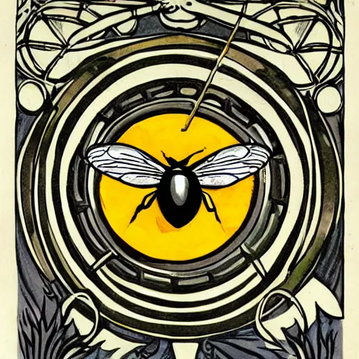 Prompt: a dark dangerous ritual spell with a bumblebee placed in the middle of a bloody bullseye, art nouveau, fantasy illustration