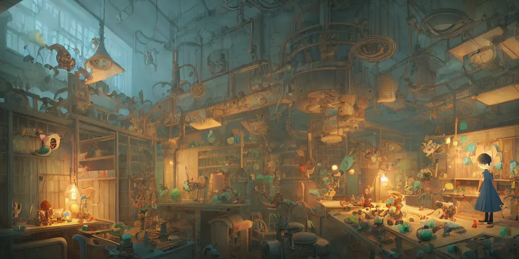 Prompt: toy factory to create cute monsters and creatures, natural lighting, playful color scheme, intricate details, matte painting, illustration, by hayao miyazaki