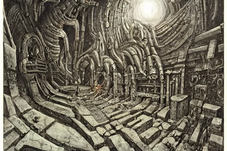 Image similar to opening a portal in the ruins of a familiar city, on mars, in the 4 0 th millenia, by hr giger