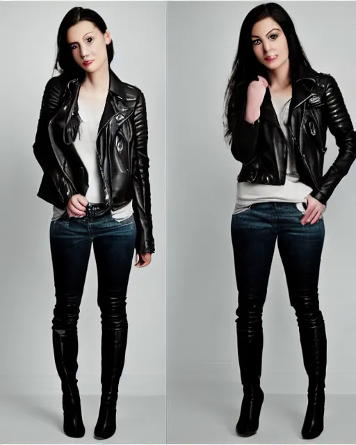 Image similar to young woman in her 20s, she wears a leather jacket and knee high boots, full body portrait, taken by a nikon, detailed, wonderful dark hair